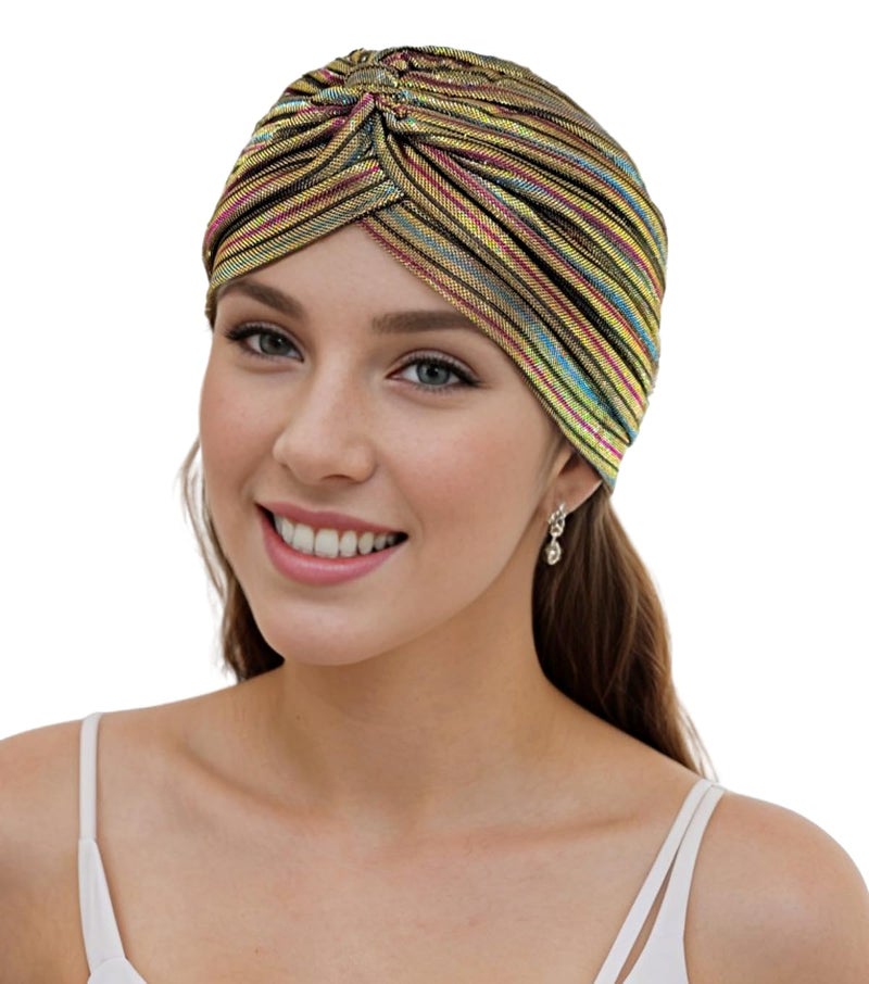 Fashion 21] Women's Pleated Glittered Turban Hat Head Wear (Gold Multi) - Image 2